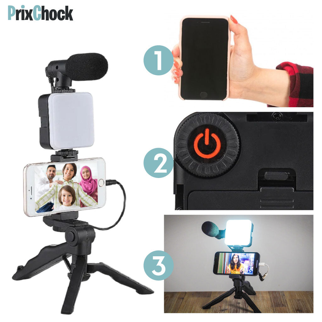 Tripod De Vlog 5-en-1 : Micro, LED, Trépied, Support Téléphone & Télécommande