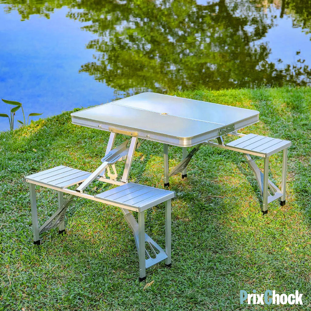Table Pliante en Aluminium pour Extérieur – 4 Places avec Sièges Intégrés
