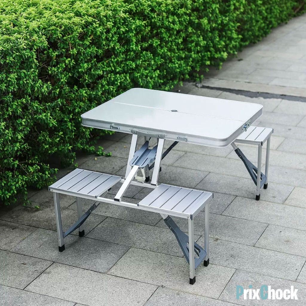 Table Pliante en Aluminium pour Extérieur – 4 Places avec Sièges Intégrés