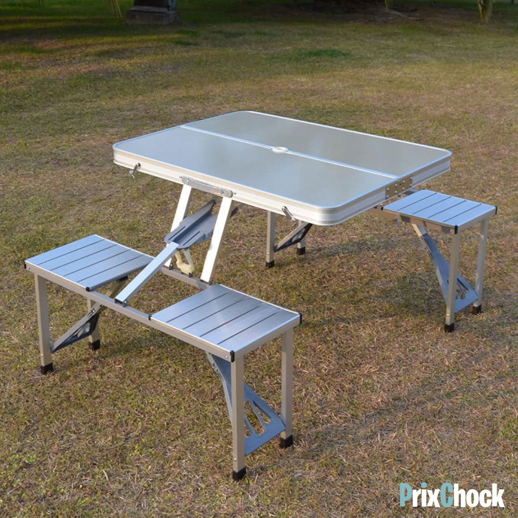Table Pliante en Aluminium pour Extérieur – 4 Places avec Sièges Intégrés