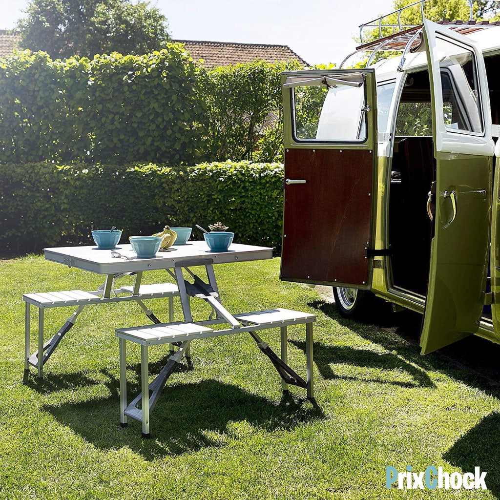 Table Pliante en Aluminium pour Extérieur – 4 Places avec Sièges Intégrés