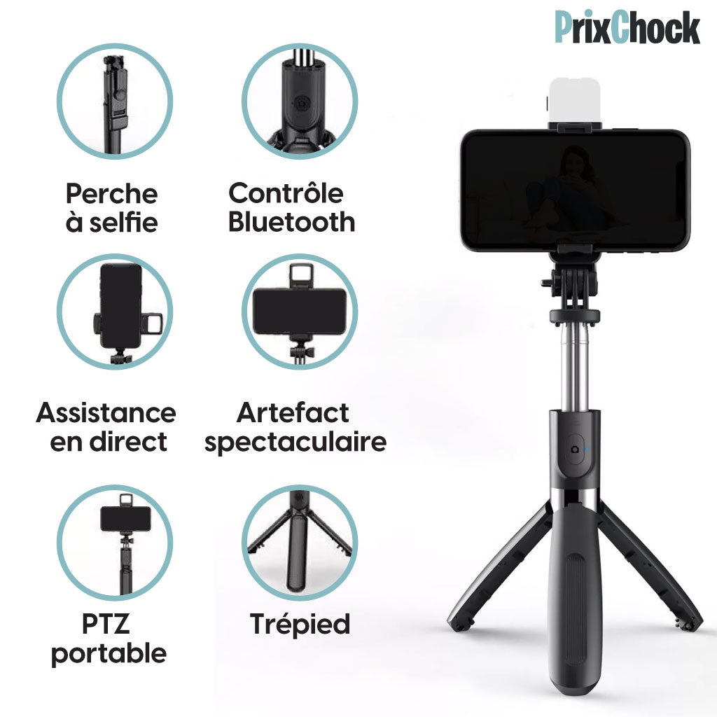 Perche Selfie avec Lumière LED & Trépied – 3-en-1