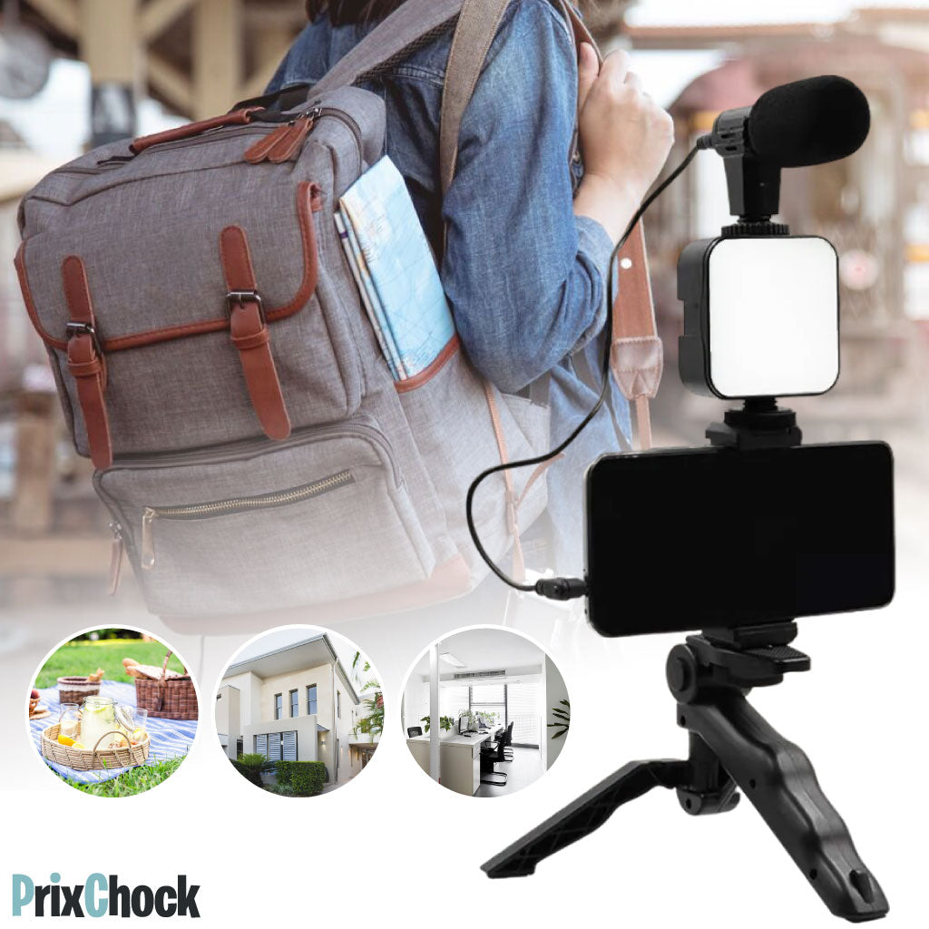 Tripod De Vlog 5-en-1 : Micro, LED, Trépied, Support Téléphone & Télécommande