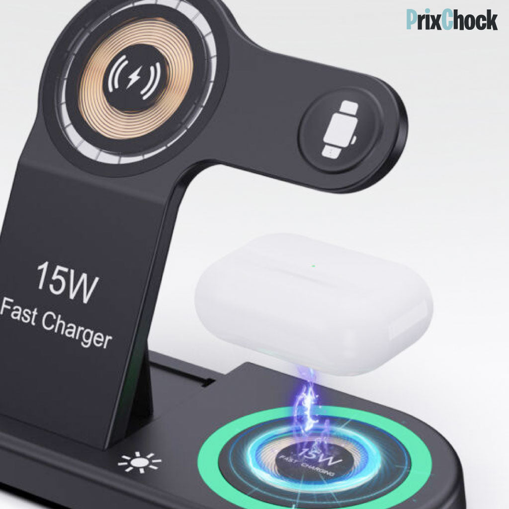 Support de Charge Sans Fil 3-en-1 – Charge Rapide Pour Smartphone, Montre & Écouteurs