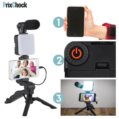 Tripod De Vlog 5-en-1 : Micro, LED, Trépied, Support Téléphone & Télécommande