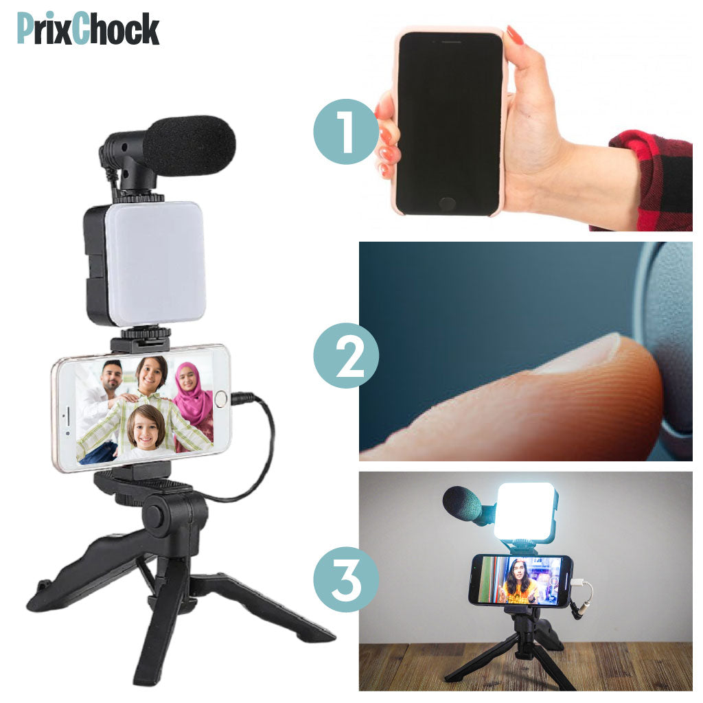 Tripod De Vlog 5-en-1 : Micro, LED, Trépied, Support Téléphone & Télécommande