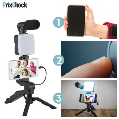 Tripod De Vlog 5-en-1 : Micro, LED, Trépied, Support Téléphone & Télécommande