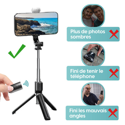 Perche Selfie avec Lumière LED & Trépied – 3-en-1