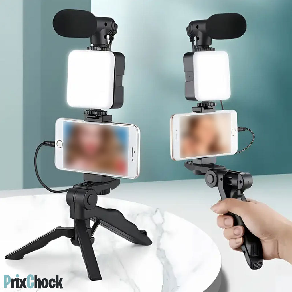 Tripod De Vlog 5-en-1 : Micro, LED, Trépied, Support Téléphone & Télécommande