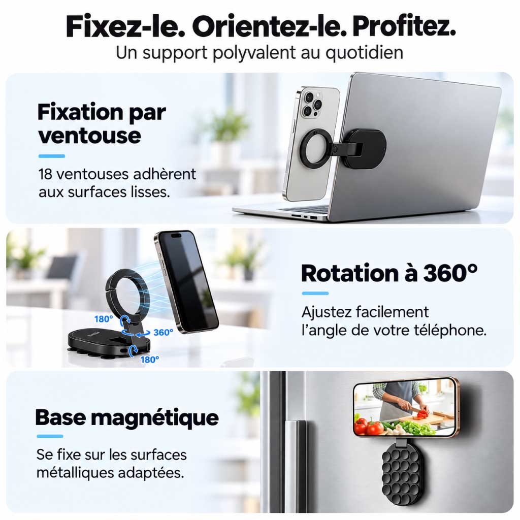 MagFold 360 – Support Téléphone Magnétique à Ventouse Pliable