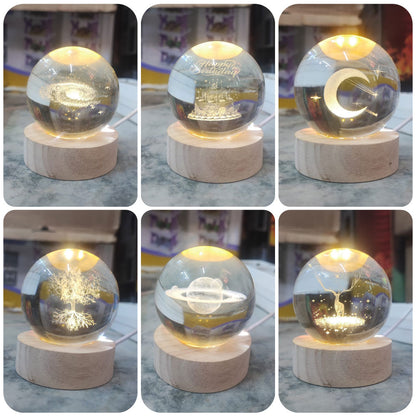 Boule De Cristal Sculptée En 3D Avec Lumière LED Et Support D'éclairage