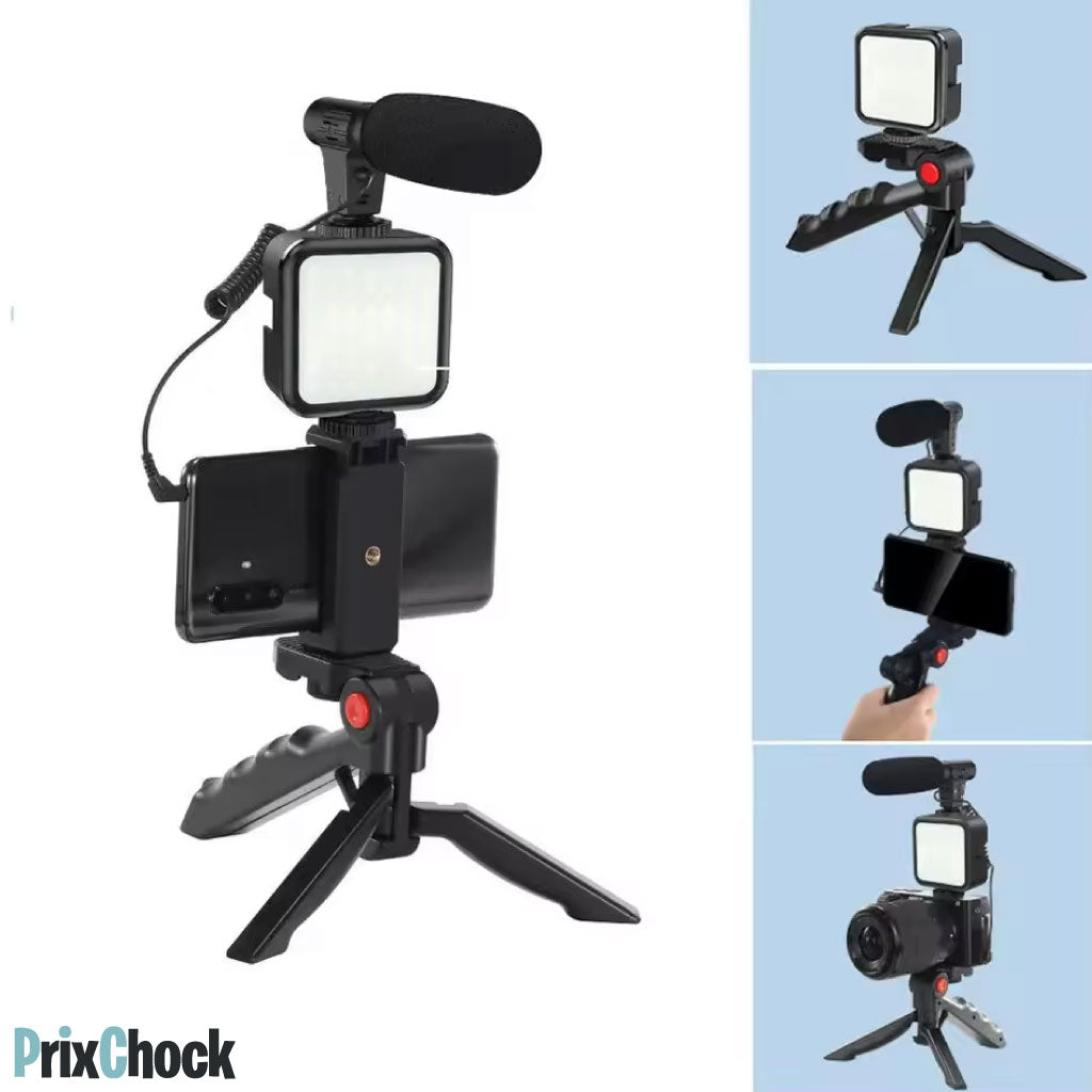 Tripod De Vlog 5-en-1 : Micro, LED, Trépied, Support Téléphone & Télécommande