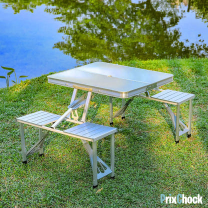 Table Pliante en Aluminium pour Extérieur – 4 Places avec Sièges Intégrés