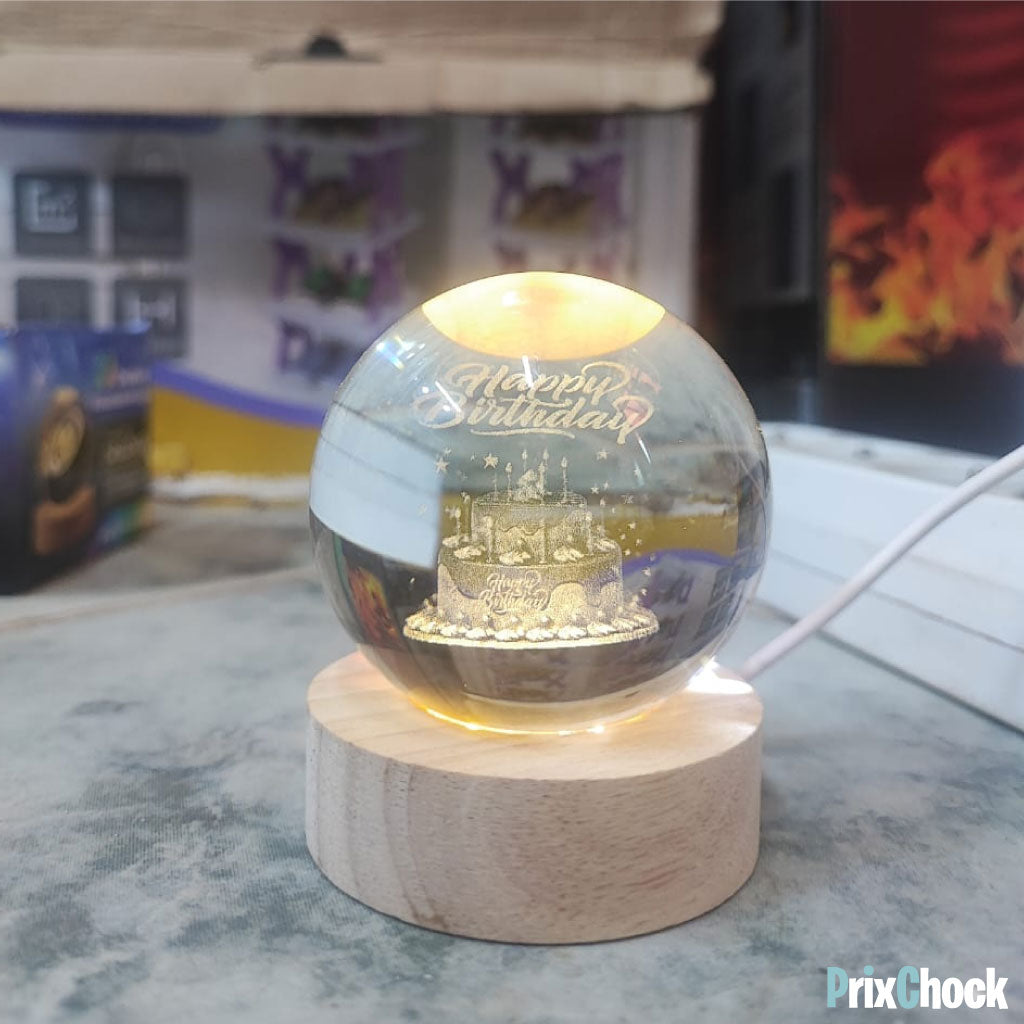 Boule De Cristal Sculptée En 3D Avec Lumière LED Et Support D'éclairage