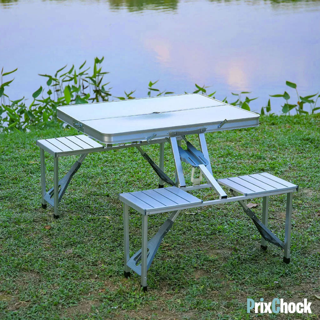Table Pliante en Aluminium pour Extérieur – 4 Places avec Sièges Intégrés