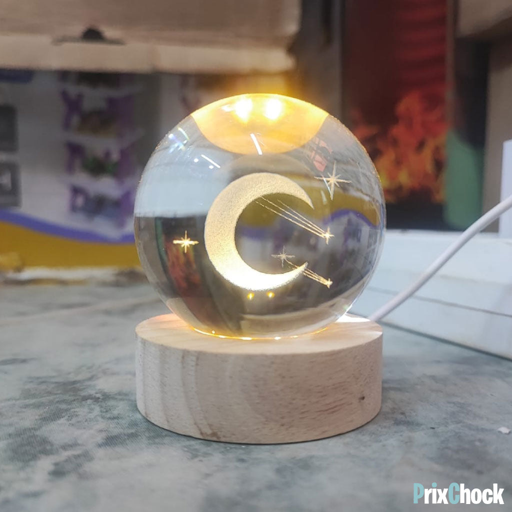 Boule De Cristal Sculptée En 3D Avec Lumière LED Et Support D'éclairage