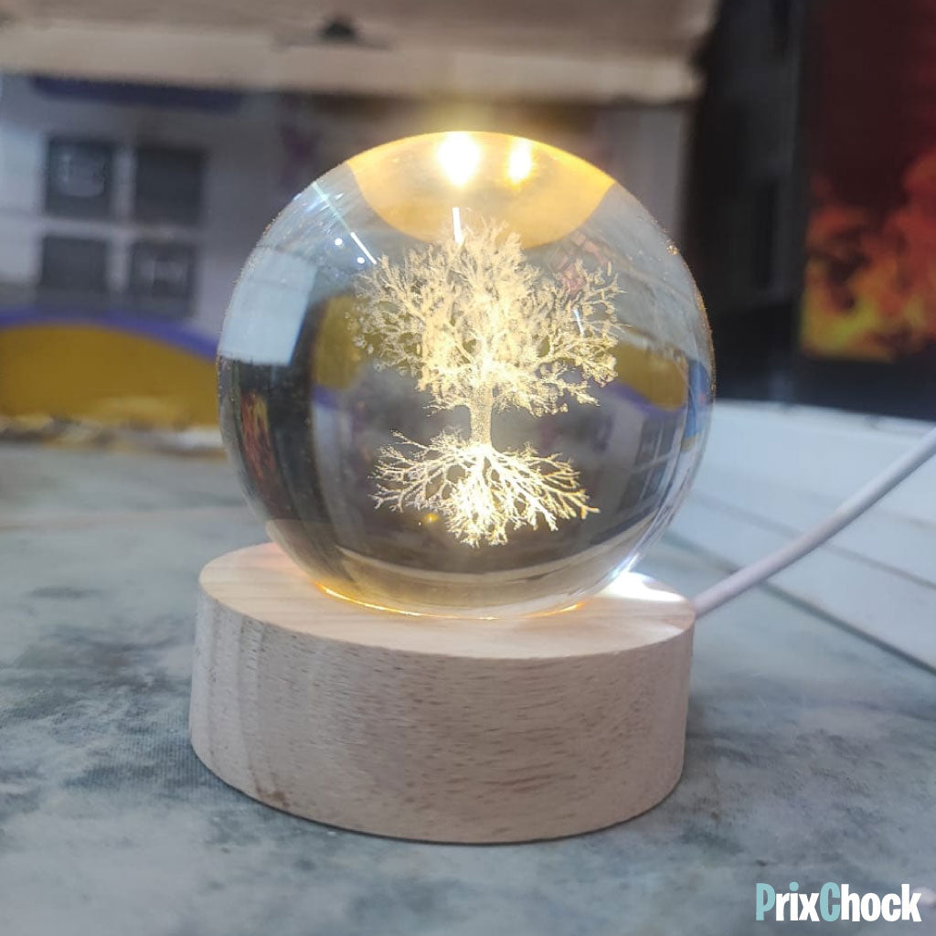 Boule De Cristal Sculptée En 3D Avec Lumière LED Et Support D'éclairage