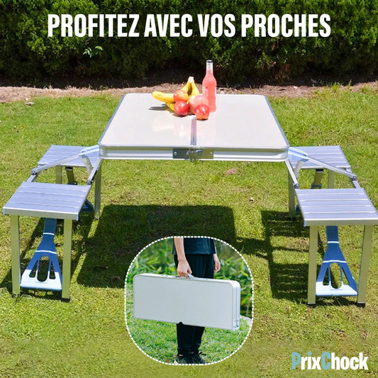 Table Pliante en Aluminium pour Extérieur – 4 Places avec Sièges Intégrés