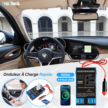 Onduleur De Puissance De Voiture À 1500w Avec Adaptateur De Chargeur À 4 Prises Usb