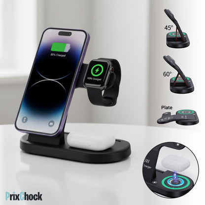 Support de Charge Sans Fil 3-en-1 – Charge Rapide Pour Smartphone, Montre & Écouteurs