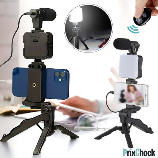 Tripod De Vlog 5-en-1 : Micro, LED, Trépied, Support Téléphone & Télécommande