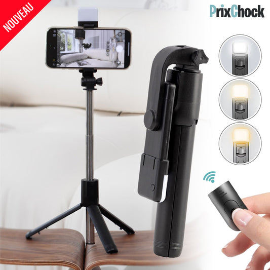 Perche Selfie avec Lumière LED & Trépied – 3-en-1