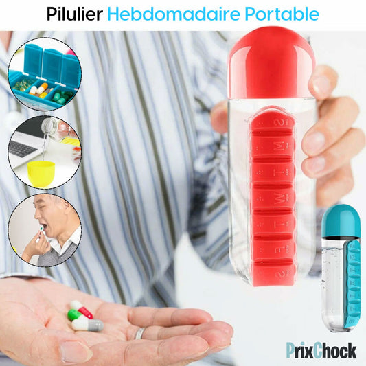 Bouteille D'eau Multifonction À Pilulier De Médicament Hebdomadaire Avec Gobelets À Boire 3 En 1