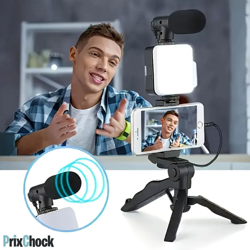 Tripod De Vlog 5-en-1 : Micro, LED, Trépied, Support Téléphone & Télécommande
