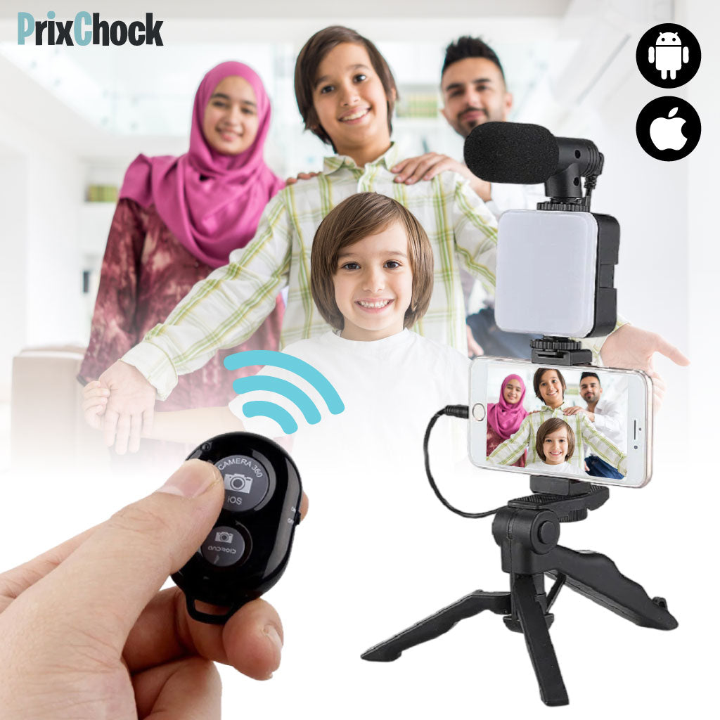 Tripod De Vlog 5-en-1 : Micro, LED, Trépied, Support Téléphone & Télécommande