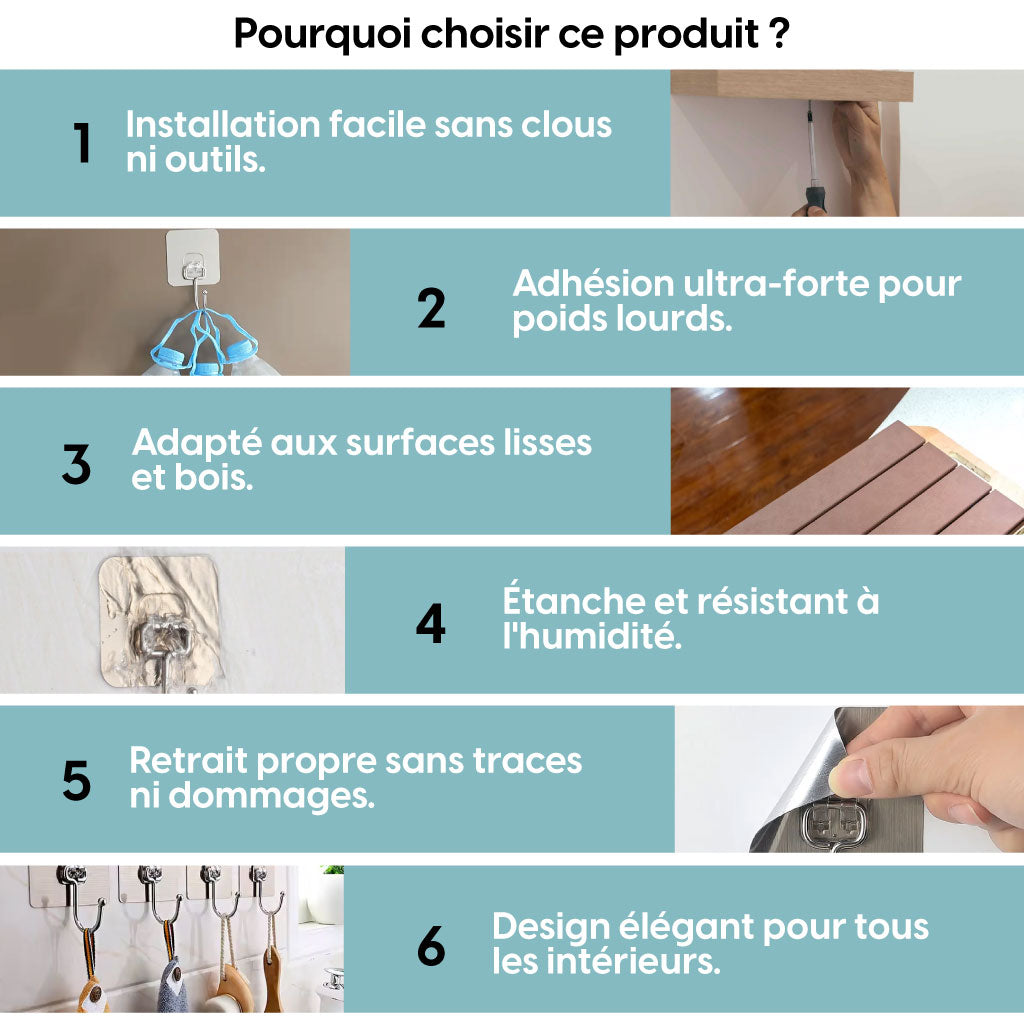 Crochets Muraux Adhésifs Ultra-Résistants – Fixation Sans Clous pour Cuisine, Salle de Bain & Bureau !