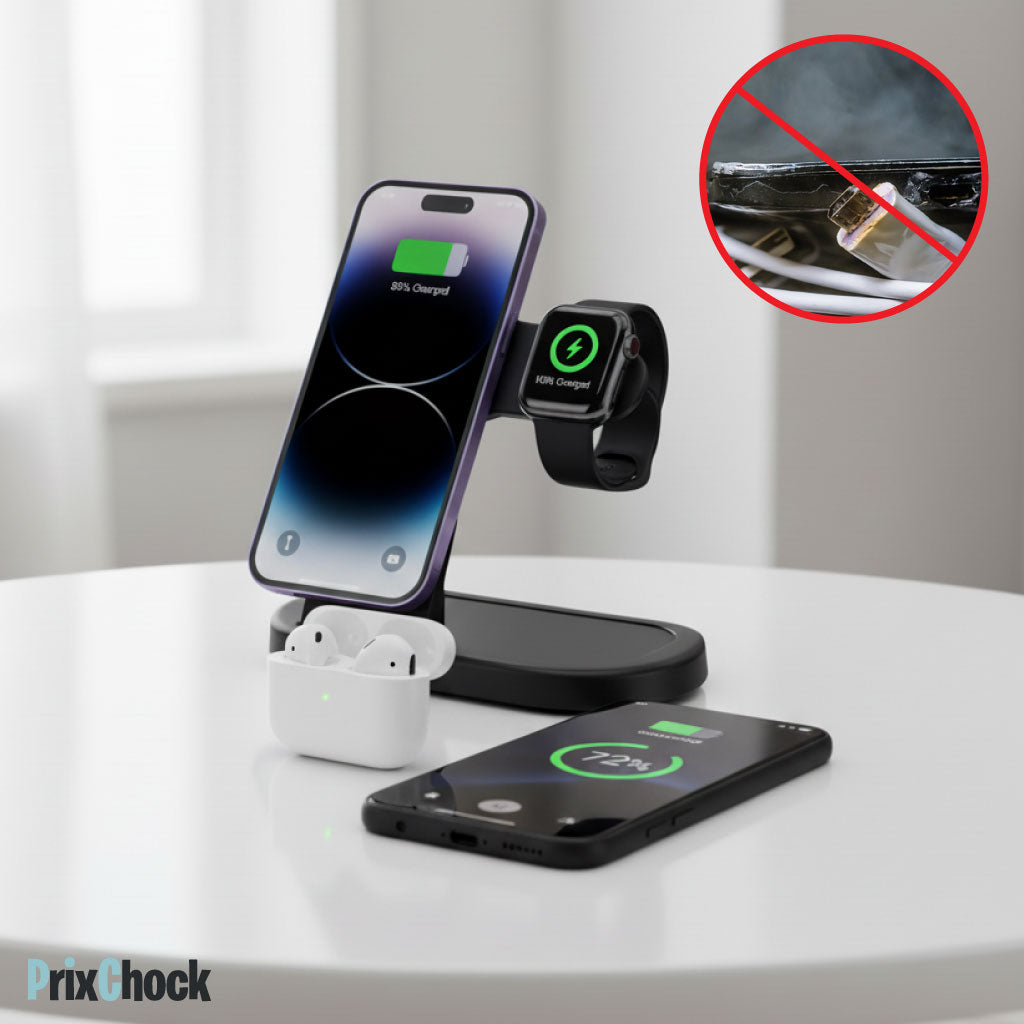 Support de Charge Sans Fil 3-en-1 – Charge Rapide Pour Smartphone, Montre & Écouteurs