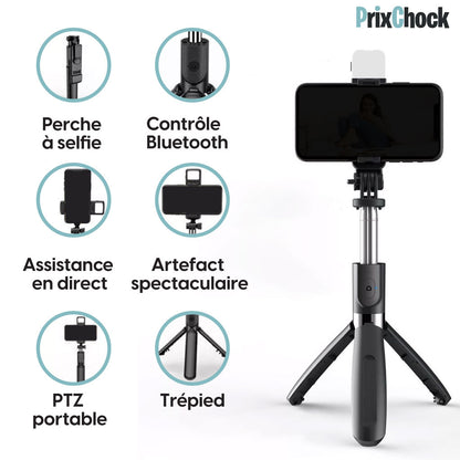 Perche Selfie avec Lumière LED & Trépied – 3-en-1