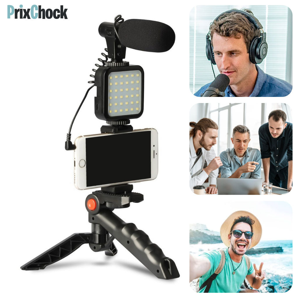Tripod De Vlog 5-en-1 : Micro, LED, Trépied, Support Téléphone & Télécommande