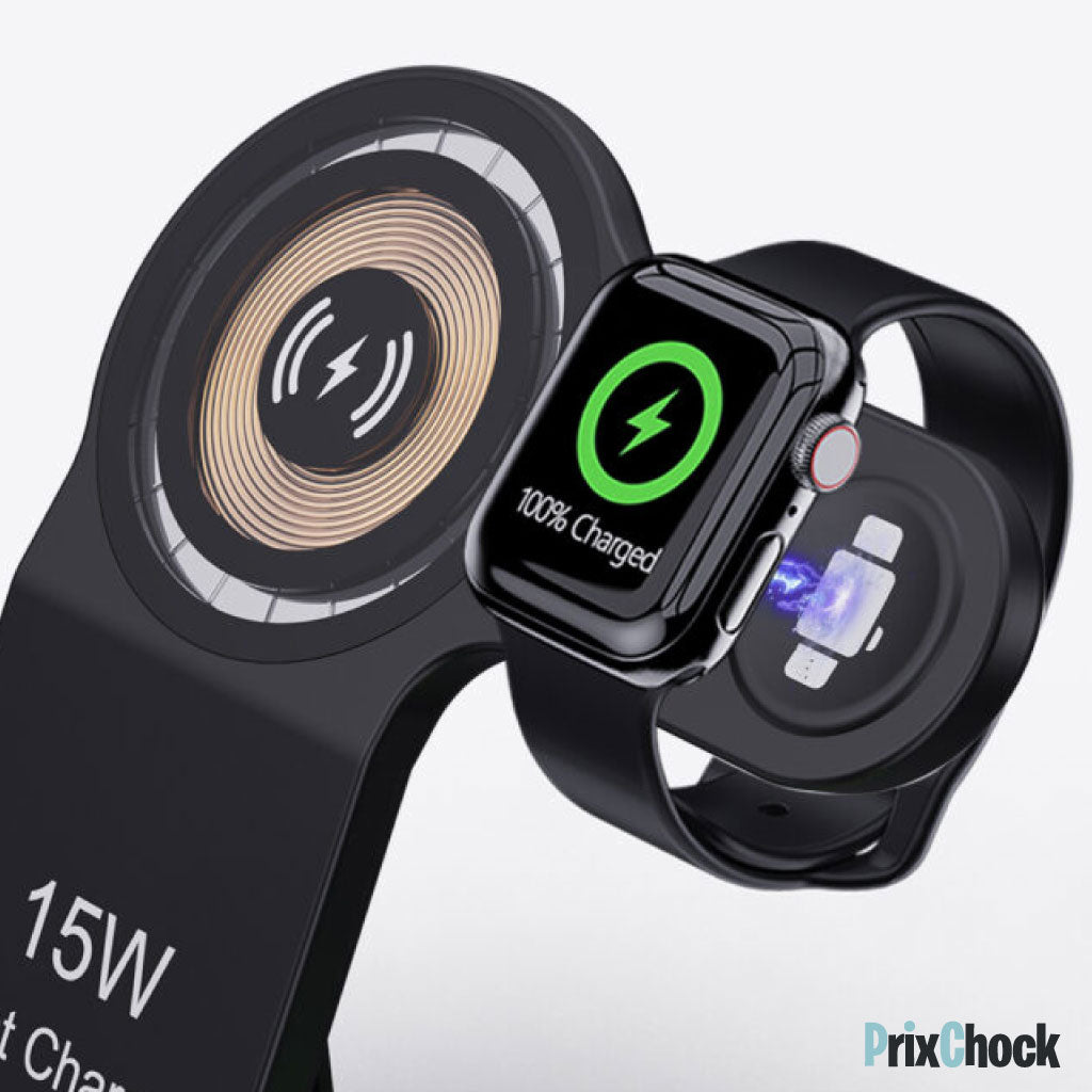 Support de Charge Sans Fil 3-en-1 – Charge Rapide Pour Smartphone, Montre & Écouteurs