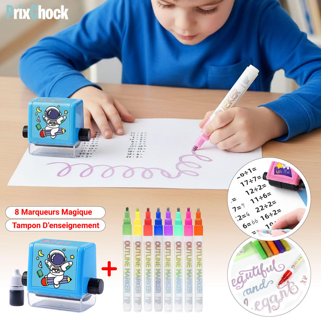 Tampon d’Enseignement + 8 Marqueurs Magiques – Apprentissage Ludique & Créatif