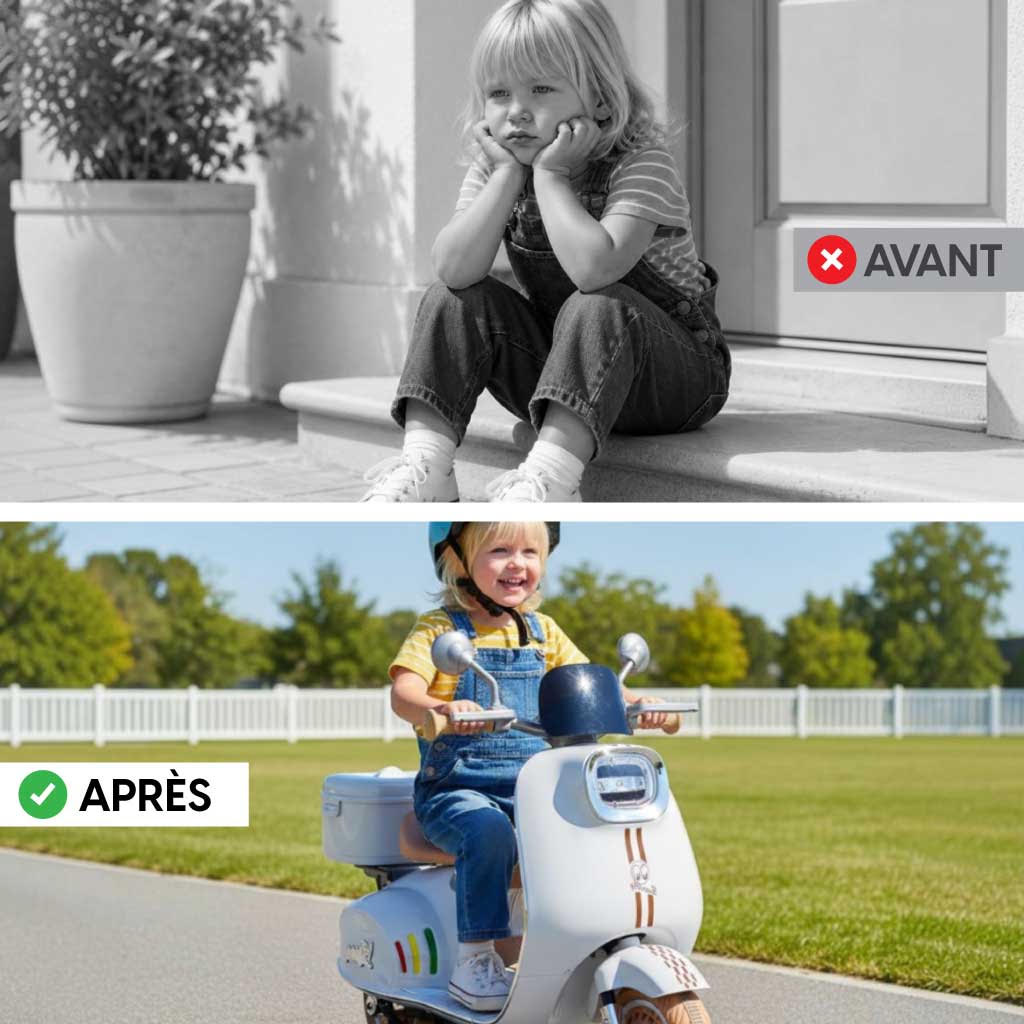 Moto Vespa Électrique pour Enfants– Accélérateur + Bluetooth + Lumières