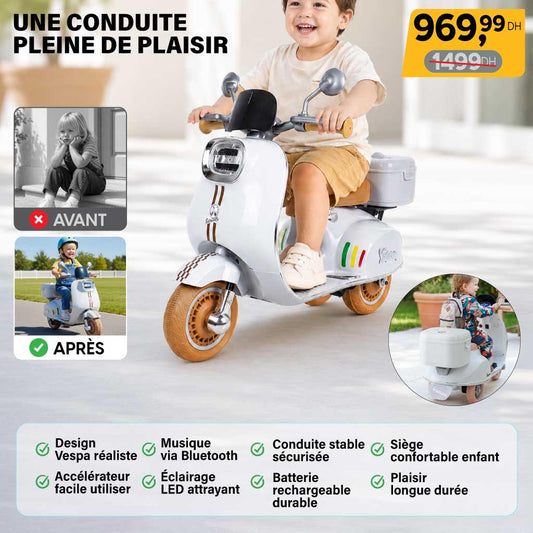 Moto Vespa Électrique pour Enfants– Accélérateur + Bluetooth + Lumières